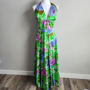 Vintage 70s Maxi Dress Womens XS Green Floral Halter V-Neck Vacation Wedding